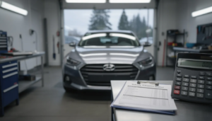 The image depicts a late-model sedan, fully repaired and gleaming under bright inspection lighting in a clean auto body repair shop in Western Washington. Nearby, a clipboard with repair invoices and a vehicle valuation report highlights the concept of a diminished value claim, while a blurred window reveals the overcast daylight and evergreen trees typical of the region.