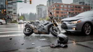 The image depicts a motorcycle accident scene at a Seattle intersection, featuring a damaged sport motorcycle and a mid-size sedan with front-end damage on wet pavement. Nearby, a helmet and riding gloves lie on the ground, with the Seattle skyline and evergreen trees in the background, capturing the serious nature of motorcycle accidents and the importance of seeking legal advice from a Seattle motorcycle accident lawyer.