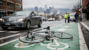 The image depicts a bicycle accident scene in downtown Seattle, featuring a damaged road bicycle lying in a designated bike lane on wet pavement, with a gray sedan stopped nearby showing minor front bumper damage. Emergency responders can be seen in the background, while the Seattle skyline is softly visible in the distance, highlighting the serious nature of bicycle accidents in urban environments.
