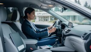 A calm and confident adult, aged 25-35, sits in the driver’s seat of a modern vehicle, hands properly positioned on the steering wheel, embodying responsible driving preparation. In the background, a softly blurred licensing office and faint evergreen trees suggest a Washington State setting, while interior details like a “Driver Guide” booklet and a checklist titled “Knowledge and Drive Test” emphasize the journey toward obtaining a Washington driver license.