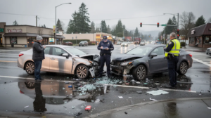 The image depicts a two-car collision at an intersection in Everett, Washington, showcasing heavily damaged front ends and debris scattered on the wet road. A police officer is assessing the accident scene while concerned drivers stand nearby, all under the overcast skies typical of the Pacific Northwest, highlighting the serious nature of car accidents and the potential for personal injury claims.