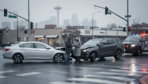 The image depicts a Seattle car accident scene at an urban intersection, featuring a damaged sedan and SUV after a collision, with the Space Needle and Seattle skyline faintly visible in the background. Two drivers are exchanging information near their vehicles while a police vehicle with flashing lights approaches, all set against wet pavement and overcast skies that enhance the realism of the situation, emphasizing the importance of seeking legal representation from a skilled Seattle car accident lawyer.