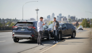 The image depicts a minor car accident scene in Seattle, featuring two modern vehicles with light bumper damage safely pulled to the roadside. One driver is calmly taking photos of the vehicle damage with a smartphone while the other stands nearby holding an insurance card, both appearing uninjured and composed, with the recognizable Seattle skyline softly blurred in the background.