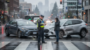 An ultra-realistic editorial photograph captures a car accident investigation scene in rainy downtown Seattle, featuring two damaged vehicles at an intersection. A police officer documents the incident while a driver communicates with an insurance representative on a smartphone, with the wet pavement reflecting city lights and a subtle Seattle skyline in the background, illustrating the complexities of personal injury claims and the role of insurance companies in the claims process.