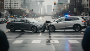 The image depicts a serious car accident scene in downtown Seattle on an overcast day, featuring two modern vehicles that have collided at a city intersection. A police vehicle with flashing lights is visible in the background, while the Seattle skyline, including blurred urban high-rise buildings, sets the scene for this personal injury case, highlighting the need for experienced Seattle personal injury lawyers to help victims recover fair compensation for their injuries and damages.