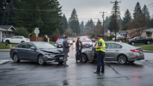 A realistic image depicts a car accident scene in a suburban Pacific Northwest setting, featuring damaged vehicles at an intersection with a police officer conversing with the drivers. The overcast weather adds to the somber atmosphere, while emergency lights flash, highlighting the seriousness of the incident, which may involve personal injury claims and medical treatment for the accident victims.