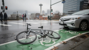 The image depicts a bicycle accident scene in downtown Seattle on a cloudy day, featuring a damaged road bicycle lying in a marked bike lane on wet pavement near an urban intersection. A silver sedan with minor front-end damage is stopped nearby, with the Seattle skyline, including the Space Needle, softly visible in the background, capturing the essence of a typical Seattle bicycle accident scenario.