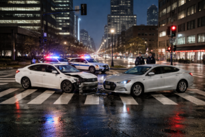 The image depicts a car accident scene in downtown Seattle, featuring two damaged vehicles after a collision, with a police car and emergency responders attending to the drivers. The wet pavement reflects city lights, while the Seattle skyline and traffic signals are visible in the background, emphasizing the chaotic nature of the accident scene.