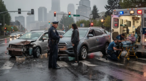 The image depicts a serious car accident scene in Seattle, featuring two damaged vehicles at a rainy intersection. A police officer is speaking with the drivers while paramedics assist an injured adult beside an ambulance, with the Seattle skyline and evergreen trees subtly visible in the background, reflecting the wet pavement and city lights.
