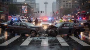 A serious car accident scene in downtown Seattle during a rainy evening shows two damaged civilian vehicles in a crosswalk, with police vehicles and emergency responders securing the area. The wet pavement reflects city lights, while the Space Needle and Seattle skyline are faintly visible in the background, highlighting the urgency of the situation for accident victims and the need for a Seattle car accident lawyer to navigate potential claims.