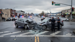 The image depicts a serious car accident scene at a busy urban intersection in Everett, Washington, featuring two damaged civilian vehicles with front-end collisions. Police officers are present, documenting the accident and speaking with the involved drivers, while debris litters the roadway under a cloudy Pacific Northwest sky.