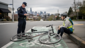 The image depicts the aftermath of a Seattle bicycle accident, featuring a damaged road bicycle in a green bike lane, while a uniformed police officer takes notes nearby. An adult cyclist sits calmly on the curb in the background, conversing with an emergency responder, with the Seattle skyline faintly visible under overcast skies, highlighting the serious nature of bicycle accident injuries and the importance of legal representation from an experienced Seattle bicycle accident lawyer.