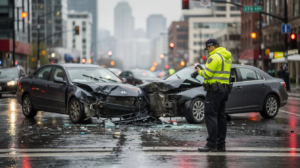A serious car accident investigation scene in Seattle shows damaged vehicles at a rainy urban intersection, with a police officer documenting the incident. The overcast sky and wet pavement reflect city lights, while the image highlights the importance of hiring a personal injury lawyer to navigate the complex legal process and seek fair compensation for accident victims.