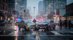 The image depicts a serious car accident scene at a downtown Seattle intersection during early evening, featuring two civilian vehicles with significant front-end damage. In the background, the Seattle skyline and Space Needle are faintly visible, while police officers assess the situation on the wet pavement reflecting city lights, highlighting the importance of seeking a reputable Seattle car accident lawyer for legal representation in such cases.