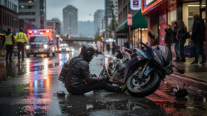 The image depicts a serious motorcycle accident scene in Seattle, featuring an injured motorcyclist sitting beside a damaged sport motorcycle on a wet city street, with emergency responders attending to the situation in the background. The urban Seattle skyline looms under a rainy Pacific Northwest atmosphere, capturing the dramatic yet realistic tone of this documentary-style photojournalism.