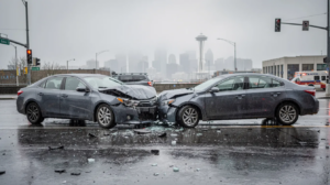A serious car accident scene in Seattle features two civilian vehicles with significant front-end damage at a wet urban intersection, reflecting light rain on the asphalt. The Seattle skyline, including a subtle silhouette of the Space Needle, is visible in the background, capturing the aftermath of a collision that could lead to personal injury claims for the involved parties.