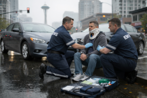 The image depicts a realistic Seattle car accident scene at a wet downtown intersection, featuring two damaged civilian vehicles and an injured adult civilian sitting on the curb wearing a cervical neck brace. Two paramedics in plain navy blue uniforms are assisting the injured person, while the Seattle skyline, including a softly blurred Space Needle, serves as the backdrop, capturing the gravity of personal injury cases and the importance of seeking immediate medical attention.