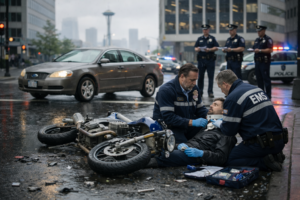 A realistic scene of a Seattle motorcycle accident unfolds at a wet downtown intersection on an overcast day, featuring a damaged motorcycle lying on the slick pavement next to a civilian car with front-end damage. Two paramedics in navy EMS uniforms provide care to an injured rider on the curb, while three police officers document the scene nearby, with the Seattle skyline and Space Needle faintly visible in the background.