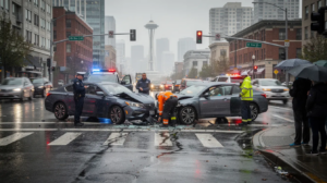 A rainy day scene in downtown Seattle depicts a serious car accident involving two modern sedans with front-end damage, as emergency responders assist at the intersection. The wet pavement reflects city lights and the Space Needle is subtly visible in the background, while pedestrians observe from the sidewalk and a police officer takes notes, capturing the chaotic aftermath of the motor vehicle collision.