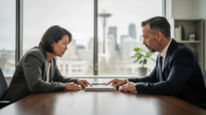 In a modern law office in Seattle, a concerned accident victim and an experienced personal injury attorney sit across from each other, reviewing documents on a desk. The large window reveals a view of the Seattle skyline, with the Space Needle faintly visible in the overcast daylight, reflecting the serious nature of their discussion about the personal injury claim and options for pursuing compensation.