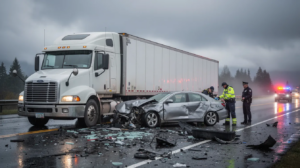 The image depicts a serious highway truck accident in Everett, Washington, featuring a large white semi truck and a heavily damaged silver sedan positioned diagonally across a wet asphalt road, surrounded by scattered debris. Emergency responders, including two paramedics and a police officer, are present in the background, adding to the somber atmosphere of this accident scene, which highlights the potential for severe injuries and the complexities of truck accident claims.