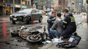 The image depicts a serious motorcycle accident scene in downtown Seattle on a rainy day, featuring a damaged motorcycle on its side and a civilian vehicle with front-end damage nearby. Two paramedics, dressed in identifiable EMS uniforms, are providing medical care to an injured rider seated on the curb, applying a cervical neck brace while a motorcycle helmet rests beside them; the urban environment is blurred in the background, emphasizing the focus on the accident and the medical response.
