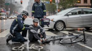A realistic documentary-style image depicts a bicycle accident in Seattle at a busy downtown intersection on a rainy day. A male cyclist sits on the wet pavement next to his damaged bike while two paramedics provide assistance, and a silver sedan with minor damage is stopped nearby, reflecting the challenges faced by injured cyclists and the importance of understanding bicycle accident claims.