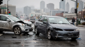 The image depicts a serious car accident scene in Seattle, featuring two generic civilian vehicles—a sedan and an SUV—collided at an urban intersection, with visible damage on their fronts and sides. The wet pavement reflects the overcast sky, while distant pedestrians and a subtle skyline remain blurred, capturing the gravity of the moment, which may lead victims to consider seeking legal assistance from Seattle personal injury lawyers for their potential personal injury claims.