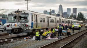 The image depicts a train accident scene in Seattle, showcasing a damaged passenger train on the tracks with visible impact damage. Emergency responders are providing assistance to injured passengers, while the Seattle skyline looms in the background under a cloudy sky, emphasizing the serious nature of the incident and the need for experienced personal injury attorneys in cases involving train accidents.