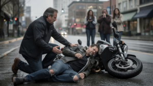 The image depicts a serious motorcycle accident scene in Seattle, featuring an injured motorcyclist lying on wet pavement next to a fallen motorcycle, while a civilian helper in a dark jacket provides assistance. Concerned bystanders observe the situation under an overcast sky, highlighting the urgent need for medical attention and the complexities of motorcycle accident claims.