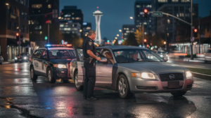 A police officer in a dark uniform stands beside a stopped sedan on a wet Seattle street during a nighttime DUI traffic stop, with the concerned driver nearby. The background features the recognizable Seattle skyline, including the faint outline of the Space Needle, while the wet road reflects the soft red and blue lights of the police vehicle, creating a realistic documentary-style scene.