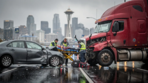 In a modern Seattle law office, a well-dressed attorney consults with an injured client wearing an arm sling, as they review documents on a clean desk. The soft natural light from a large window highlights the calm and professional atmosphere, emphasizing the trust and guidance offered by experienced truck accident attorneys.