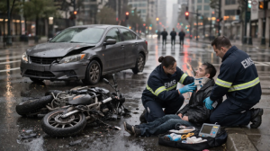 A realistic scene of a motorcycle accident in downtown Seattle shows a damaged civilian motorcycle on its side amidst scattered debris on a wet intersection, with two paramedics in plain navy blue uniforms treating an injured rider seated on the curb. In the background, three police officers stand at a distance, while the rain-slick pavement reflects the city's lights, emphasizing the seriousness of motorcycle accidents and the need for legal guidance from experienced Seattle motorcycle accident attorneys.