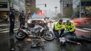 The image depicts a realistic motorcycle accident scene in downtown Seattle, featuring a damaged motorcycle and debris on the wet asphalt, with an injured rider receiving medical attention from paramedics. Two police officers observe the situation while a patrol vehicle with flashing lights stands by, all under an overcast sky and amidst the iconic Seattle skyline, illustrating the serious nature of motorcycle accidents in urban settings.