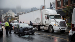 The image depicts a serious truck accident scene in Seattle, Washington, featuring a large semi-truck angled on a wet city street next to a damaged passenger vehicle. Emergency responders are present, and the Seattle skyline is subtly visible in the background, highlighting the scale difference between the truck and the smaller car, emphasizing the impact of truck accidents and the need for experienced Seattle truck accident lawyers.