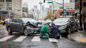 The image depicts a real-life car accident scene in downtown Seattle, where two civilian sedans have collided in a crosswalk, showing significant front-end damage. Paramedics are attending to an injured person seated near the curb, while police vehicles are parked in the background, and the Seattle skyline, including the Space Needle, is softly visible against the overcast sky.