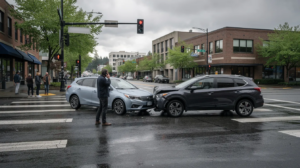 A realistic documentary-style photo depicts a car accident scene in Seattle, featuring two modern vehicles with significant front-end damage at an urban intersection under overcast skies. Bystanders observe from a distance, while one driver is seen on the phone, highlighting the potential for distracted driving in car accident cases.