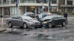 The image depicts a Seattle car accident scene at an urban intersection, featuring two civilian sedans with visible front-end collision damage and scattered debris on wet asphalt. In the background, police officers observe the scene while modern city buildings loom, all under an overcast sky, capturing the serious nature of car accidents and the importance of legal representation for victims.