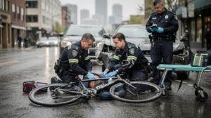The image depicts a serious bicycle accident scene in Seattle, showing a cyclist lying on the wet pavement beside a damaged road bike after a collision with a sedan. Paramedics in dark uniforms are providing medical assistance while a police officer documents the incident, emphasizing the need for a Seattle bicycle accident lawyer to help victims navigate the complexities of injury claims and recover compensation for medical bills and lost wages.