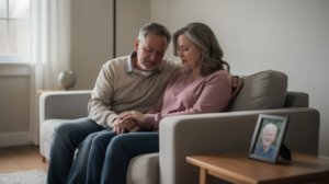 A grieving family, comprised of a middle-aged couple and their adult child, sits closely together on a couch in a softly lit living room, holding hands and expressing their sorrow after the loss of a loved one. A framed photo of the deceased is placed on a nearby table, symbolizing their emotional distress and the quiet mourning that follows a wrongful death.