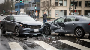 The image depicts a realistic car accident scene in Seattle, featuring two civilian vehicles with significant damage positioned at an intersection on a rainy day. An adult stands behind the vehicles, appearing concerned as they contact emergency services, while the wet pavement reflects the urban environment, complete with skid marks and debris scattered across the road.
