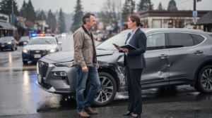 The image depicts the aftermath of a car accident in Everett, Washington, featuring two damaged vehicles parked on a city street under overcast skies. An injured driver, looking concerned, stands beside their car while conversing with a compassionate attorney, who is calmly explaining the legal process and next steps for securing fair compensation.