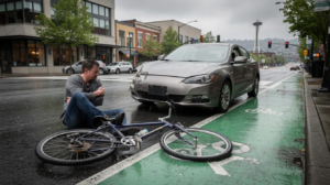 The image depicts a bicycle accident scene in Seattle, with an injured adult cyclist sitting on a wet urban street, holding their arm in pain beside a damaged bicycle. A mid-size sedan with minor front-end damage is parked nearby, as the cloudy weather creates a somber atmosphere, highlighting the importance of seeking legal representation for bicycle accident victims.