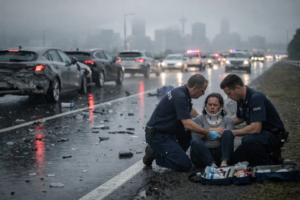 A realistic scene of a multi-vehicle car accident on Interstate 5 in Seattle shows several damaged vehicles on wet, reflective pavement, with traffic backed up in multiple lanes. Two paramedics in navy uniforms assist an injured adult sitting on the roadside, while the Seattle skyline is faintly visible through the fog, capturing the serious tone of the moment as emergency medical care is provided amidst the chaos of the accident scene.