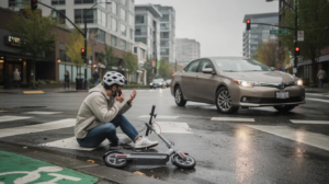 The image depicts a calm urban street scene in Seattle featuring a minor electric scooter accident at an intersection, where a scooter rider, dressed casually and wearing a helmet, is seated on the ground appearing alert and conscious. A standard passenger car with hazard lights is nearby, showing minimal damage, against a backdrop of wet pavement and modern buildings, emphasizing the importance of safety and the legal context surrounding scooter accidents in Seattle.