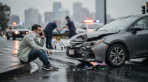 The image depicts a car accident scene in Seattle on a rainy day, featuring a damaged vehicle and an injured adult sitting on the curb in a neck brace, making a phone call with a concerned expression. In the background, paramedics assist another individual near a stretcher, while police vehicles with soft flashing lights are positioned further back, highlighting the urgency of seeking legal representation from a Seattle personal injury lawyer after such incidents.