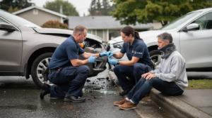 The image depicts a serious car accident scene in Everett, Washington, featuring two generic vehicles with visible damage from a collision, positioned on slightly wet pavement. An injured adult sits on the curb wearing a cervical neck brace, while two paramedics in navy blue uniforms provide emergency medical treatment, focusing on the patient's care amidst a blurred suburban backdrop.