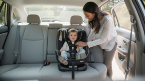 The image depicts the interior of a modern sedan during daylight, showcasing a correctly installed rear-facing car seat in the center of the back seat, securely holding a toddler with a snug 5-point harness. A parent is gently checking the harness from the open rear door, ensuring the child passenger safety complies with Washington State laws, all set in a clean and realistic environment.