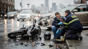 A Seattle motorcycle accident scene captures a damaged motorcycle on rain-slick asphalt at a downtown intersection, with paramedics in identifiable uniforms attending to an injured rider seated on the curb. The background features a civilian sedan with front-end damage and the faint outline of the Seattle skyline, emphasizing the serious nature of motorcycle accidents in Seattle and the importance of legal support from motorcycle accident attorneys for victims seeking compensation.
