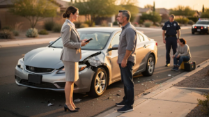 In an ultra-realistic Seattle car accident scene, a dark SUV and a light-colored sedan are visibly damaged at an intersection on a wet urban street, surrounded by scattered glass debris. A personal injury lawyer in a dark suit is attentively speaking with an injured civilian seated on the curb, while two paramedics provide care, creating a candid moment that captures the urgency of the situation amidst the overcast weather.